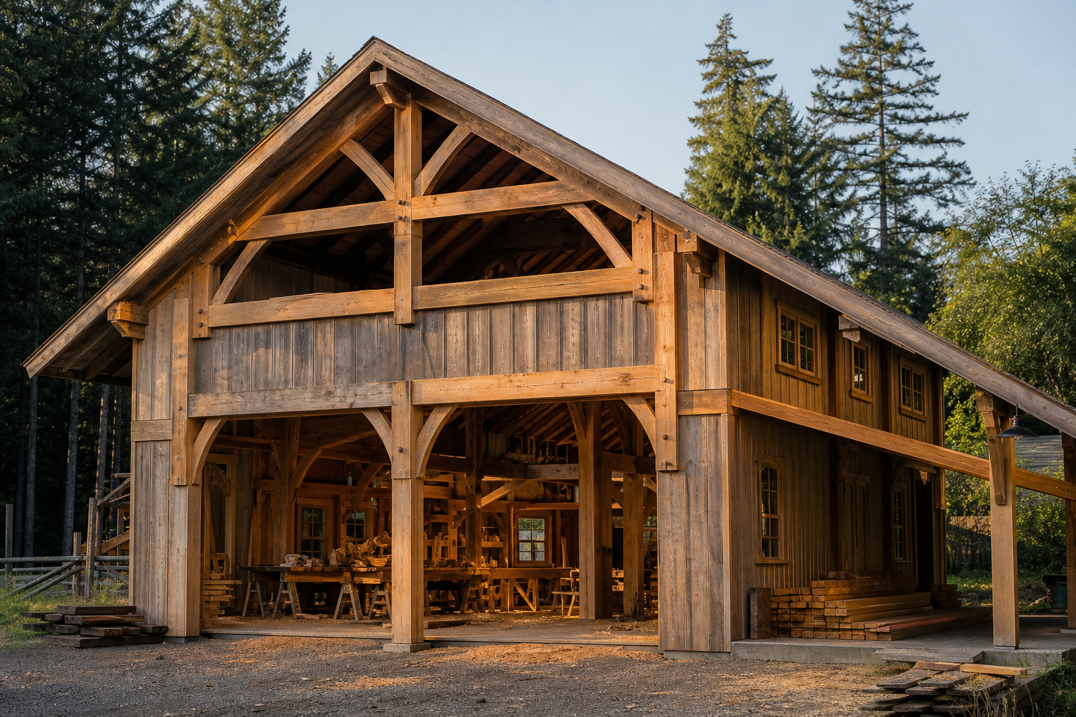 Timber-frame barn with heavy trusses and open bay doors in a rural setting