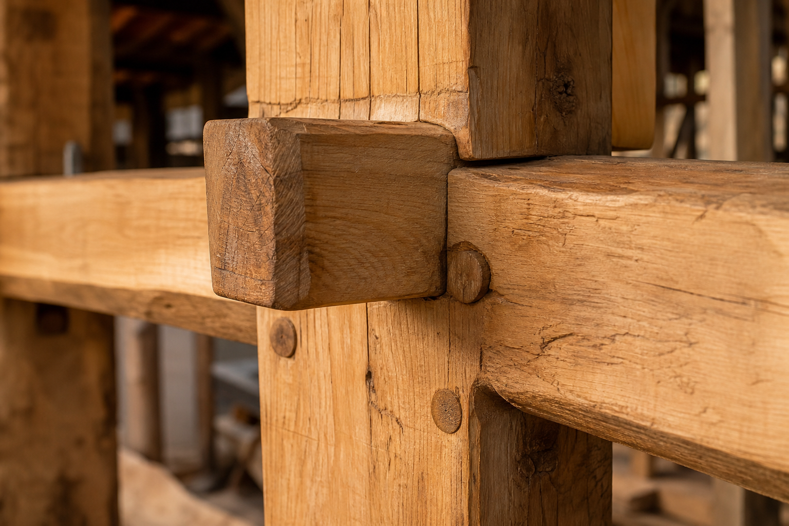 Close-up of pegged mortise-and-tenon timber joinery