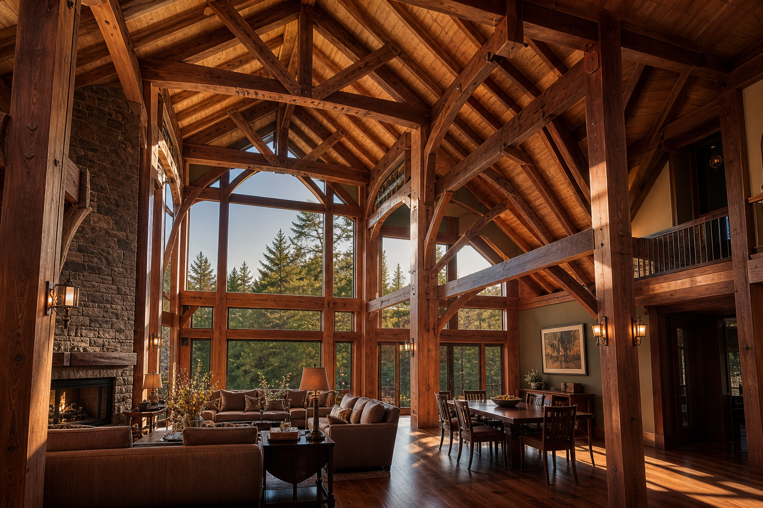 Interior of a timber-frame home with exposed Douglas fir rafters and pegged joinery